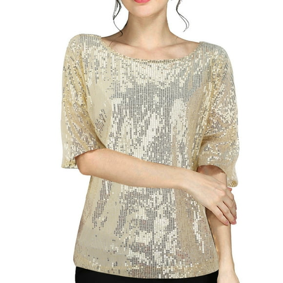Outfmvch Square Neck Tops for Women,Camisa Manga Larga Para Mujer,Asymmetrical Tops,Blouse Sequins Party Top Tops Shirt Crop Coctail Blouse,Crew Neck Shirts for Women,Soft Long Sleeve Shirts Gold M