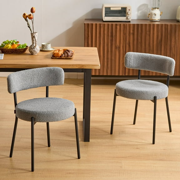 Furniliving Modern Dining Chairs Set of 2, Upholstered Dining Room Chairs with Black Metal Legs, Curved Backrest, Round Thicken Kitchen Chairs for Dining Room, Island, Faux-Teddy, Gray