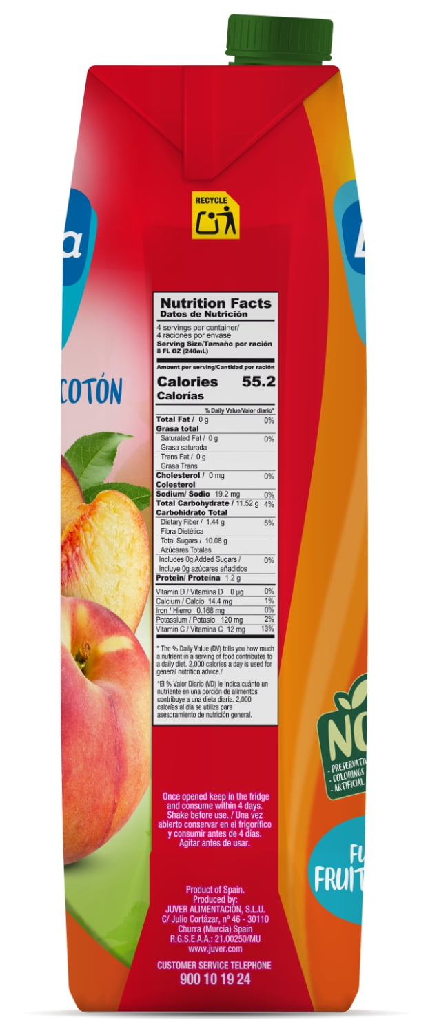 Juver No Sugar Added Peach Nectar 33.8oz (1lt)