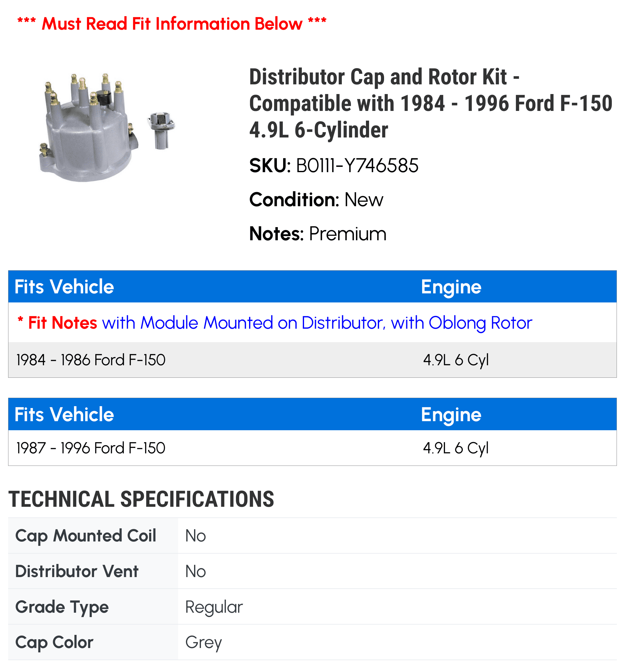 Distributor Cap and Rotor Kit - Compatible with 1984 - 1996 Ford F-150 4.9L 6-Cylinder 1985 1986 1987 1988 1989 1990 1991 1992 1993 1994 1995