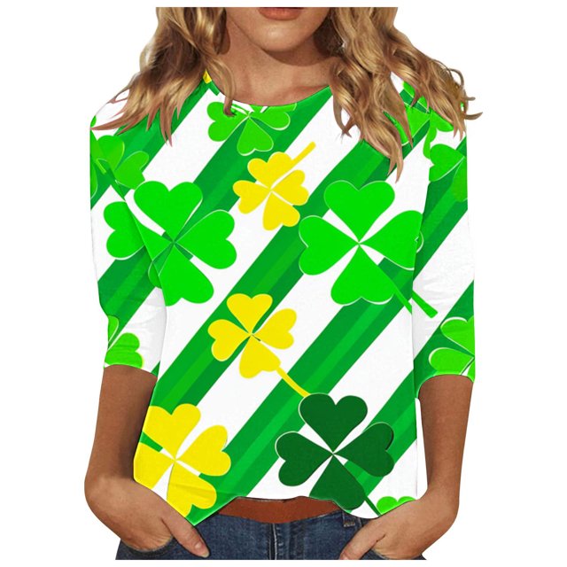Diufon T-Shirts de la Saint-Patrick pour Femmes Décontractés Grande Taille Imprimé Trèfle Manches 3/4 Col Rond