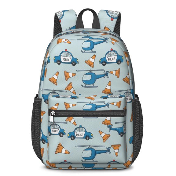 Police and Helicopter Blue Pattern 17" School Backpacks for Teens,Waterproof Oxford Fabric,S-Shape Padded Straps for School,Travel,Hiking,Camping