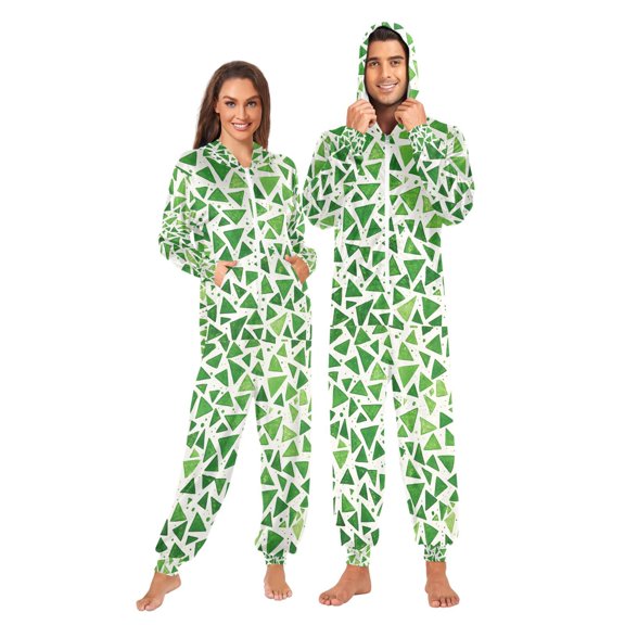 FORMRS Onesies Pajama for Adults Unisex Hoodie Winter Jumpsuit One Piece Sleepwear, Sizes S-2XL, Green Dot Triangles Pattern