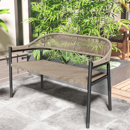 Outdoor Loveseat Bench,46.8 Inches Wicker Frame Patio Bench, All Weather Outdoor Bench with Rattan Backrest Armrests and Metal Legs for Lawn, Front Porch, Park, Yard