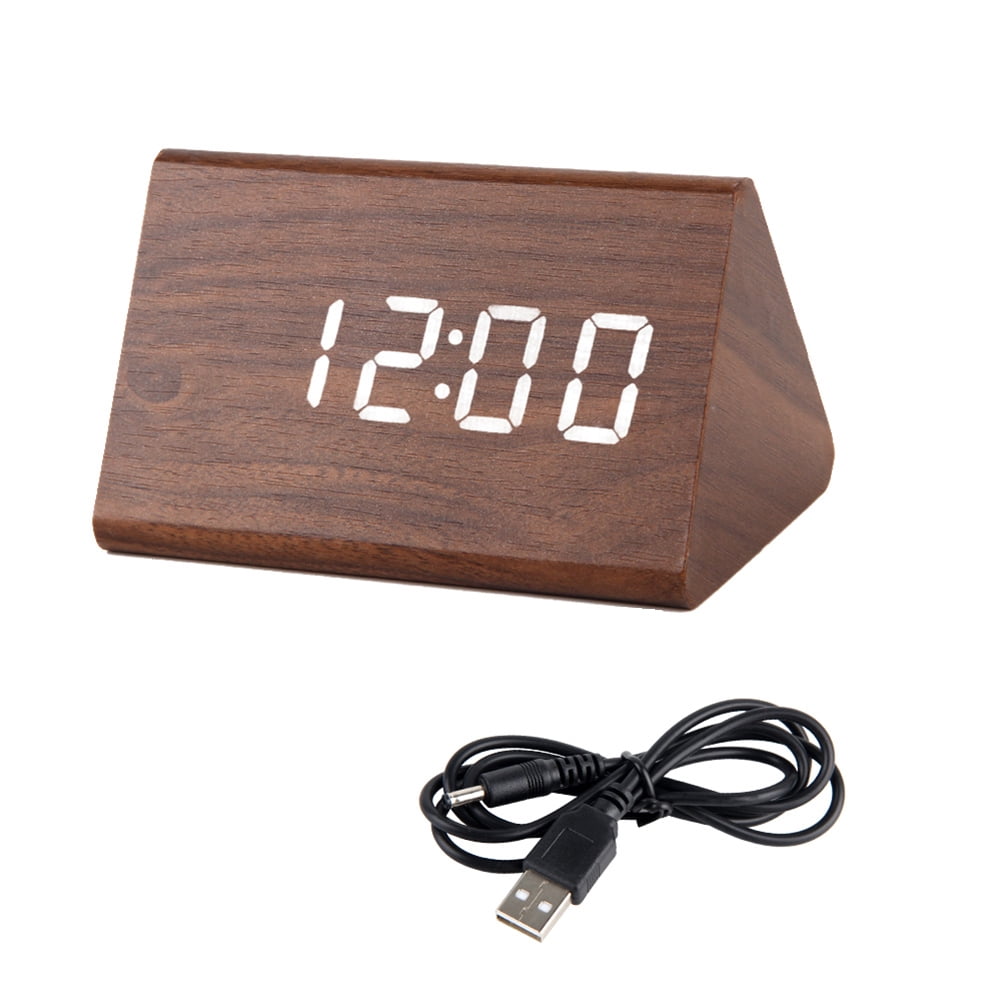 Modern Triangle Wood Clock Digital LED Wooden Alarm Clocks Digital Desk Thermometer Classical