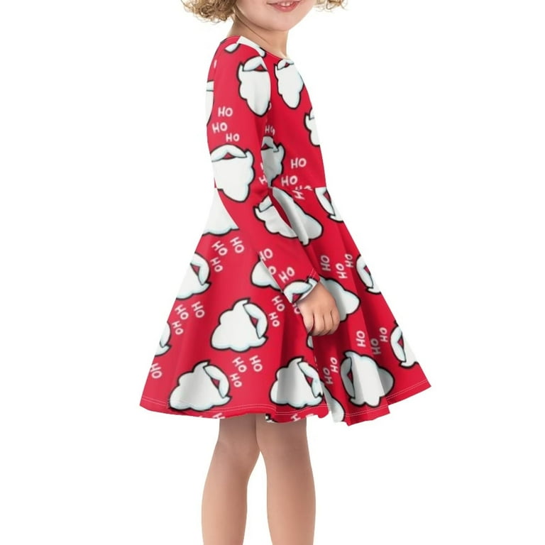 Renewold Ugly Christmas Dresses for Teen Girls Long Sleeve Round Neck Midi Dress White Beard Ho Ho Ho Print Skirt Breathable Cozy Up Twirly Skater