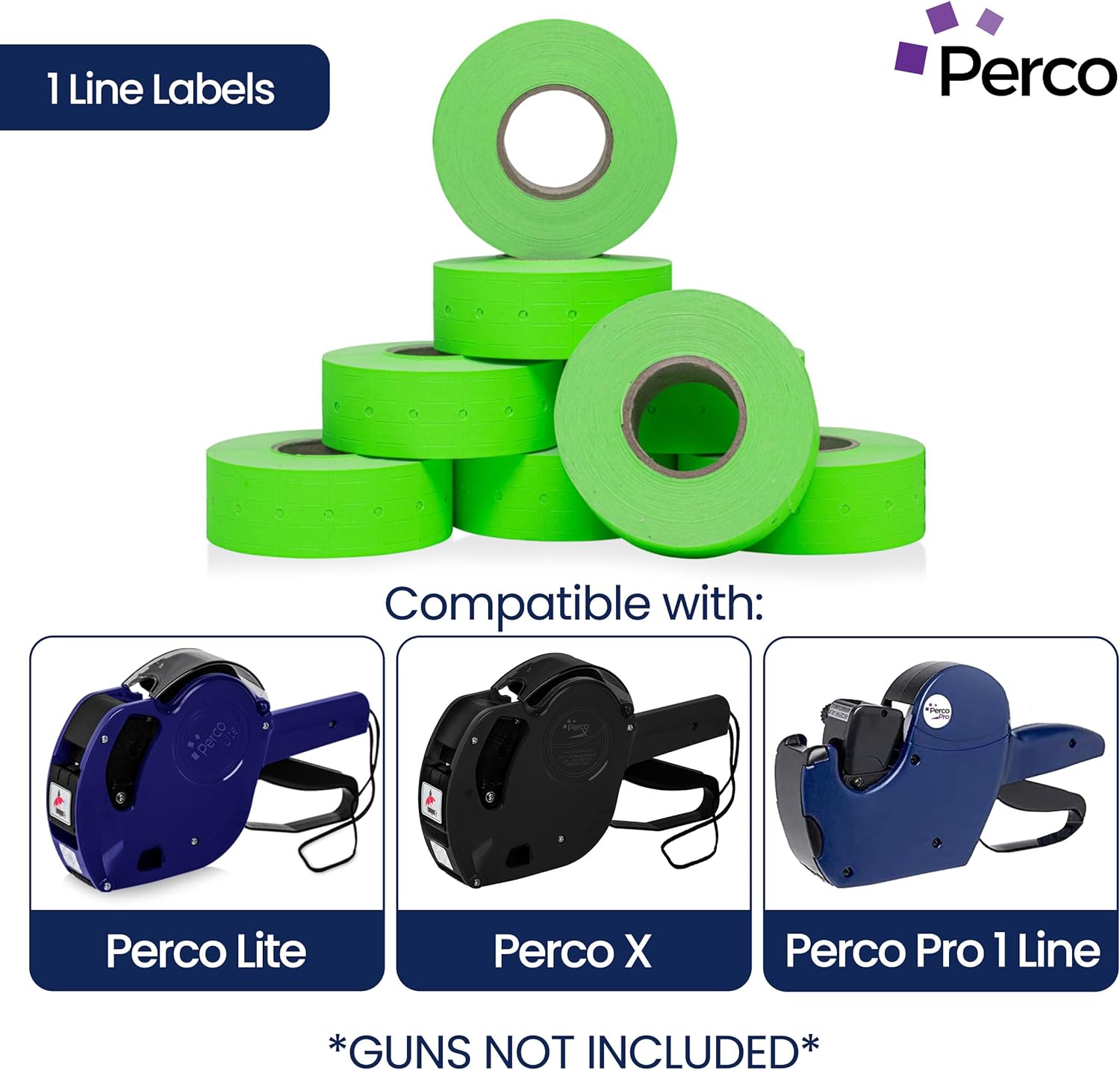 Perco 1 Line Fluorescent Green Labels - 8 Rolls, 1 Sleeve, 8,000 Blank Price and Date Gun Labels for Perco Lite, X, Plus and Pro 1 Line Price and Date Guns - Made in USA