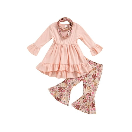 

Fiomva Little Girls Outfit Flared Cuff Long Sleeve Trailing Tops and Pants Scarf Pink 3 Years