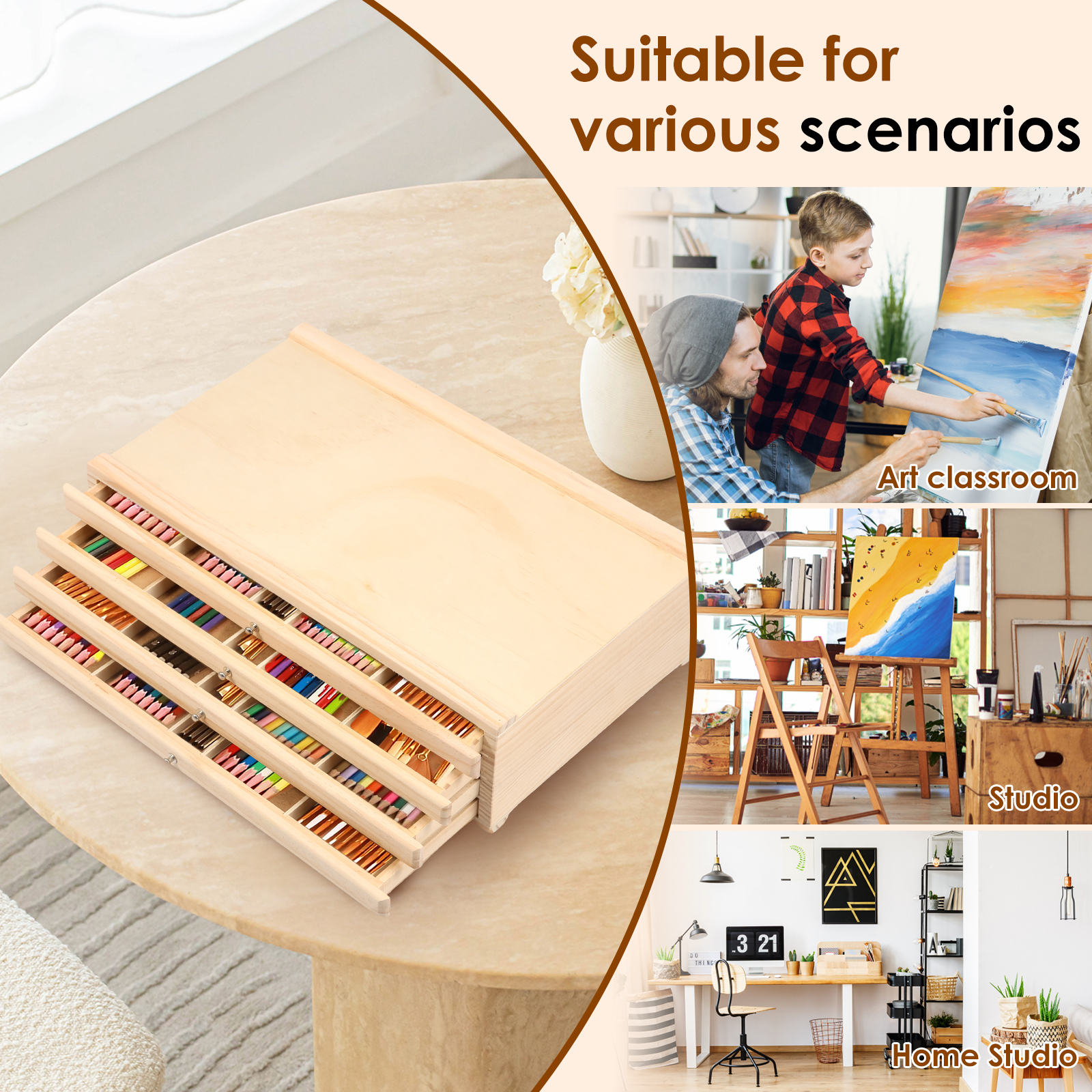 4/6 Drawer Wooden Artist Supply Storage Box for Pastels, Pencils, Pens, Markers, Brushes and Tools