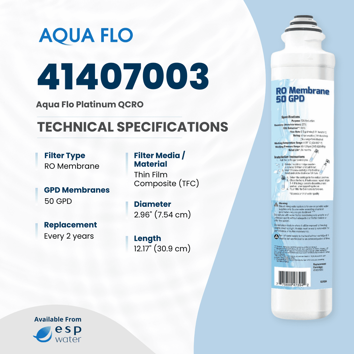 Aqua Flo 41407003 Quick Change 50 GPD TFC RO Membrane – For Aqua Flo Platinum QCRO System