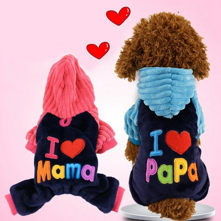 Pet Dog Winter Warm Clothes with Caps Puppy Cute Costume I Love Mama Papa