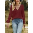 thumbnail image 4 of Lace Trim V Neck Textured Blouse, Burgundy, Medium, 4 of 5