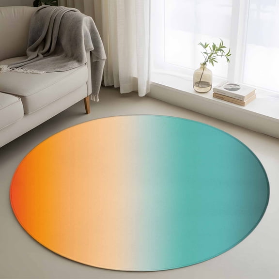 Orange Teal Ombre Round Area Rug 3.3Ft Washable Circle Rugs for Dining Room Table, Abstract Gradient Minimalist Modern Non-Slip Carpet Floor Mats Indoor Outdoor Carpet Runner Aesthetic Home Decor