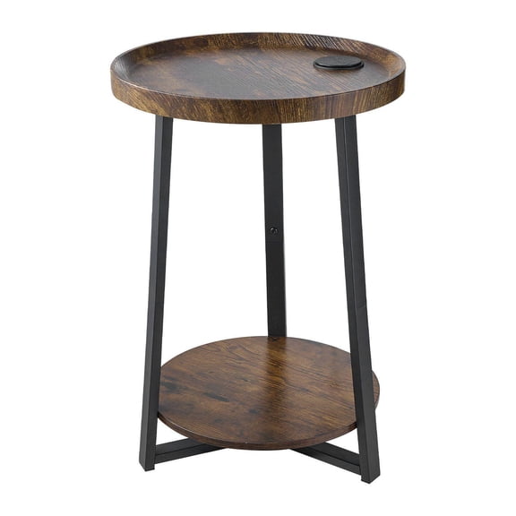 2 Tier Round End Table with USB AC Charging Port Modern Nightstand Open Shelf Storage Wood Side Table for Living Room Bedroom Office Dorm Brown