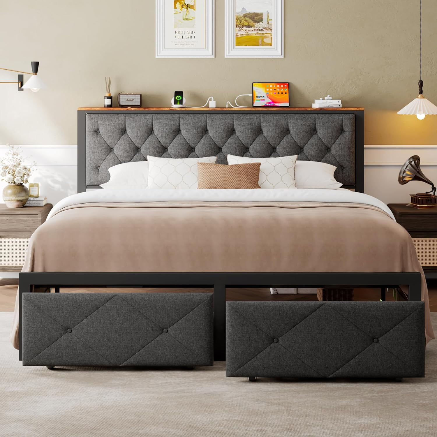 Honfach King Bed Frame with Storage Drawer, Metal Platform Bed with Charging Station, Upholstered Button Tufted Storage Headboard, Grey