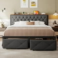 thumbnail image 3 of Honfach King Bed Frame with Storage Drawer, Metal Platform Bed with Charging Station, Upholstered Button Tufted Storage Headboard, Grey, 3 of 9