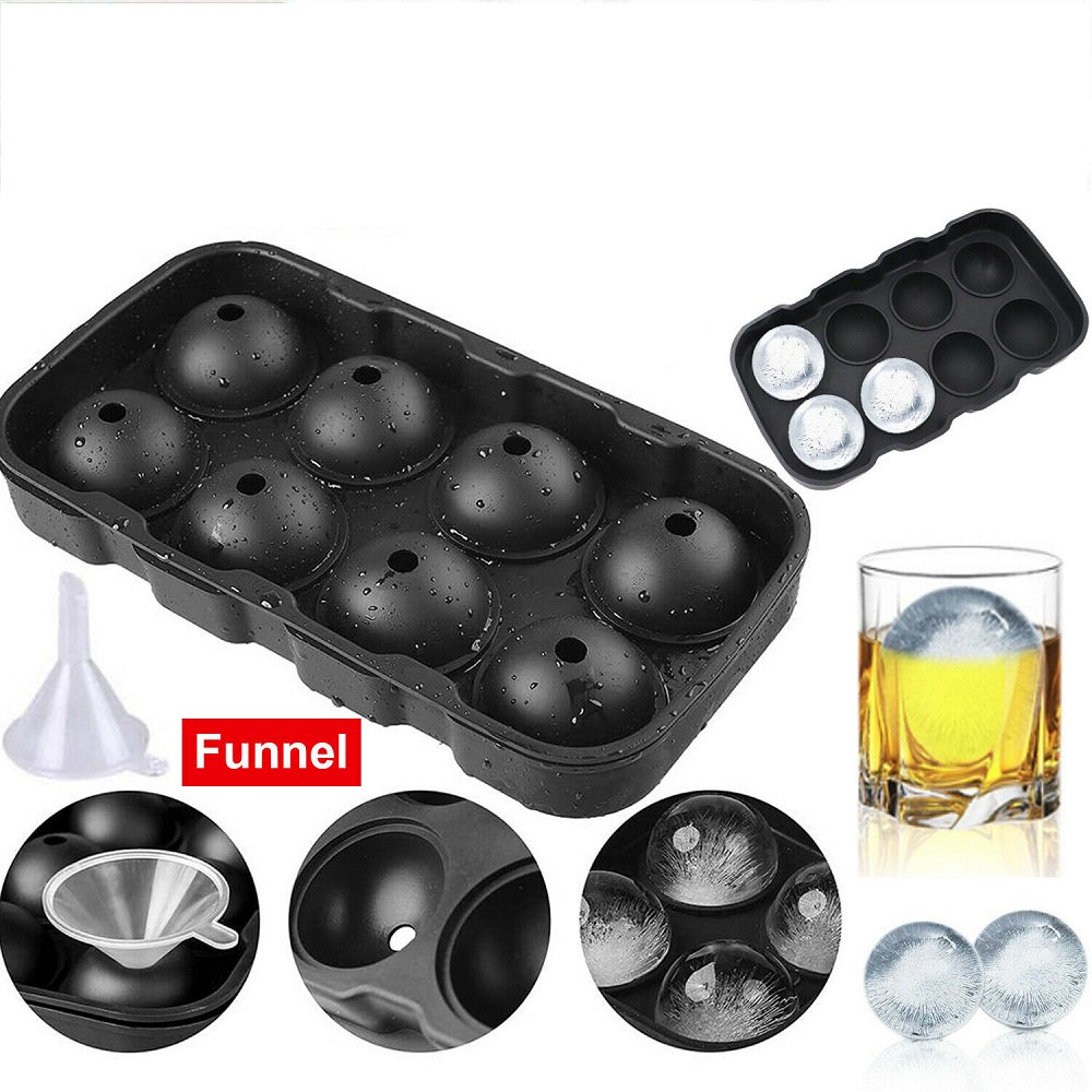 Black Round Silicon Ice Cube Ball Maker Tray 8 Large Sphere Molds Bar w