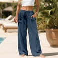 thumbnail image 5 of Siminsem Women's Cotton Linen Wide Leg Pants Elastic Waist Casual Trousers with Pockets Adjustable Drawstring Loose Fit Palazzo Summer Beach Lounge Vacation Outfits, Navy, L, 5 of 8