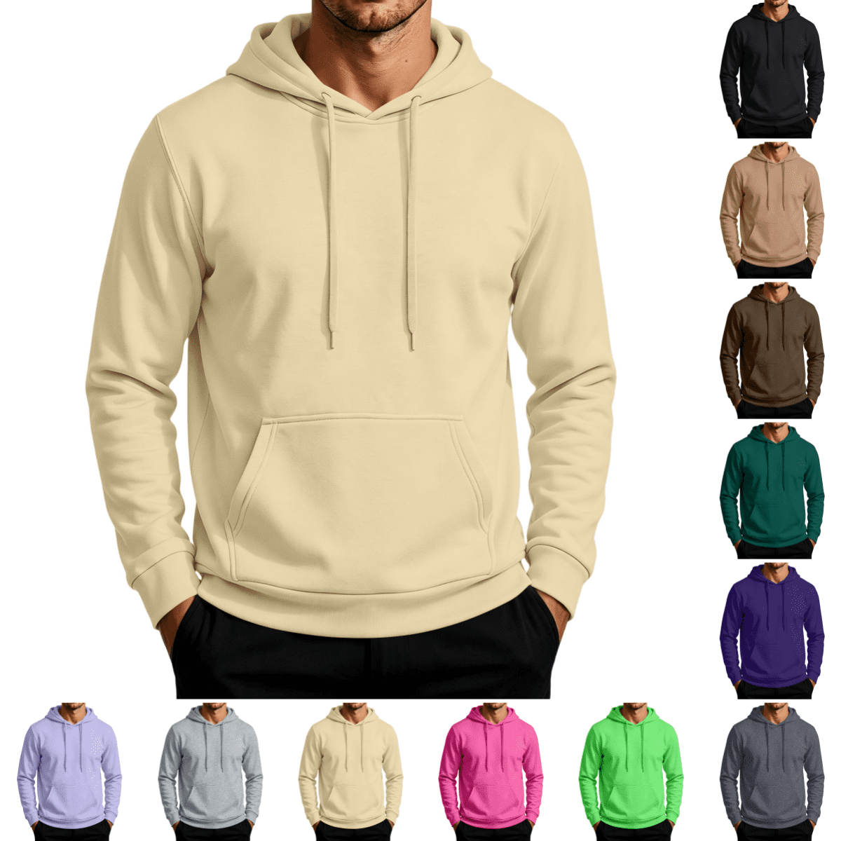 Men s Fleece Hooded Sweatshirt Trendy Casual Comfy Long Sleeves Pullover Fall Winter Warm Drawstring Pure Color Pullover Khaki M