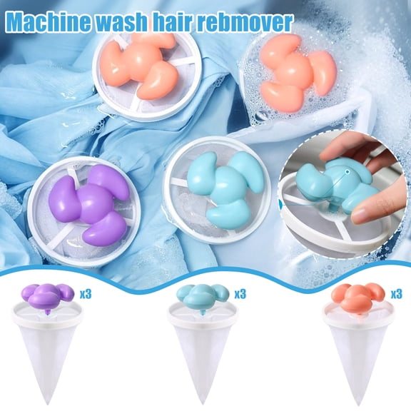3-Pack Floating Hair Filter for Washing Machine Lint Collector and Reusable Pet Fur Remover with Tapered Mesh Bag for Home Laundry Blue