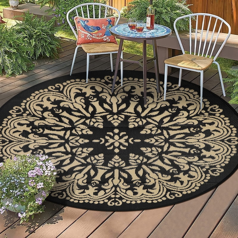 Aonewoe Round Outdoor Rugs 8Ft Waterproof Patio Plastic Straw Rug Reversible Camping Carpet Indoor Outdoor Area Rug for Patio,Deck,Balcony,Picnic,Beach,Outside