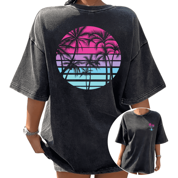 Y2K Tropical Summer Aesthetic Womens Black Stone Washed Palm Tree Print T-Shirts Tops