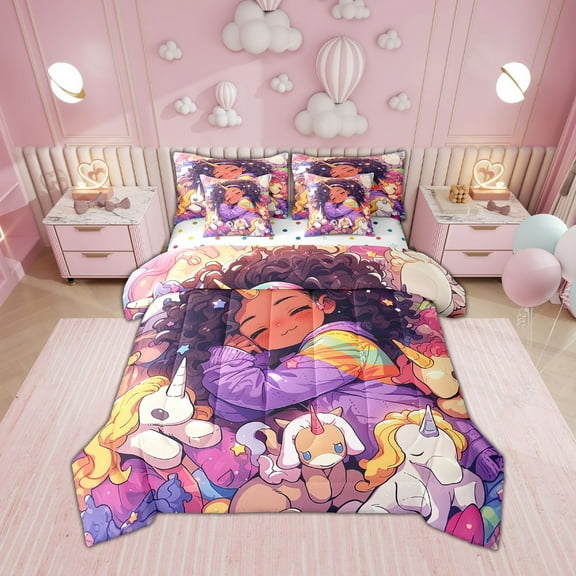 Black Hair 7 Piece Comforter Set Full Bed in a Bag,Cartoon Unicorn Bedding Sets American African Afro Melanin Princess Sheet Set with Comforter