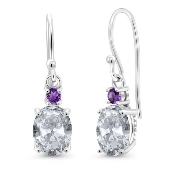 Gem Stone King 10K White Gold White Topaz and Purple Amethyst Dangle Earrings for Women (2.72 Cttw, Gemstone Birthstone, Oval 8x6mm)