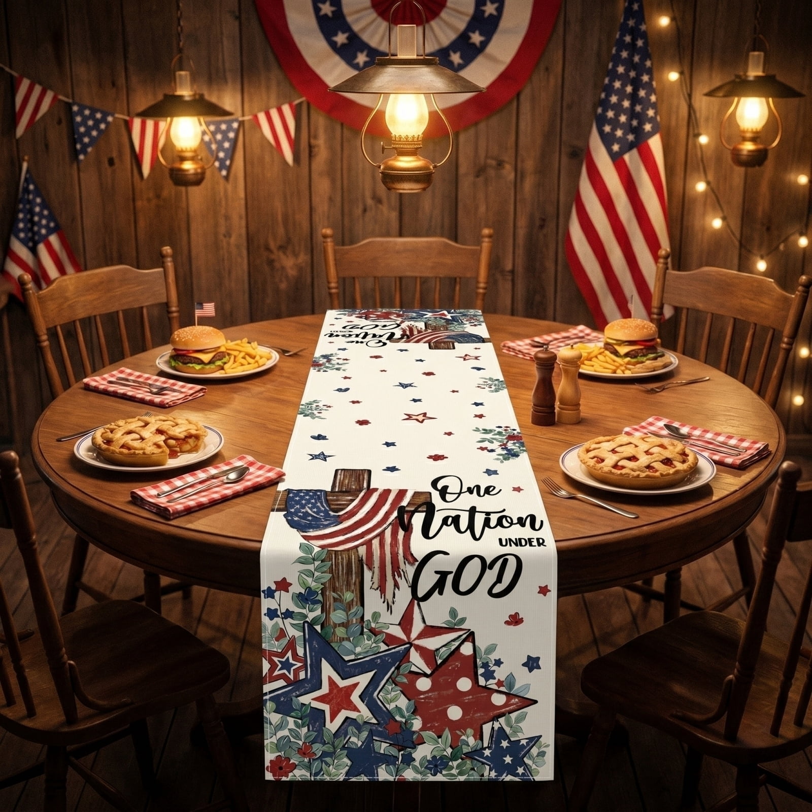 Patriotic Table Runner with Stars Cross Plants for Independence Day Memorial Day Farmhouse Home Dining Table Decor