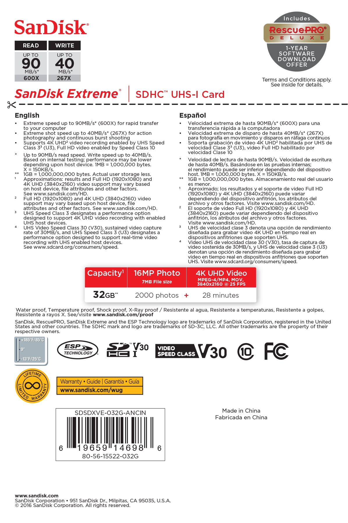 SanDisk 32GB Extreme SDHC UHS-I Memory Card - 90MB/s, C10, U3, V30, 4K UHD, SD Card - SDSDXVE-032G-GNCIN