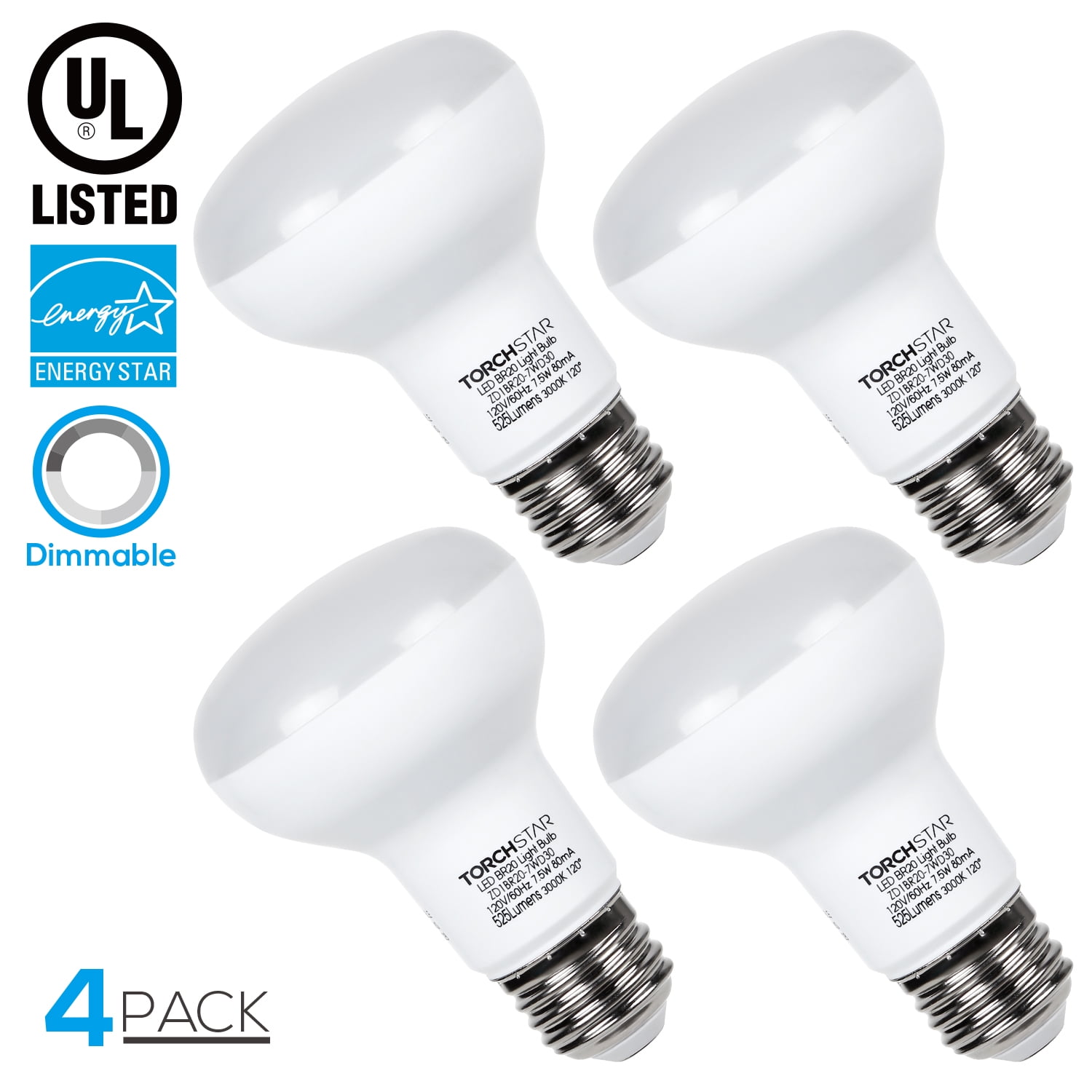 TORCHSTAR BR20 LED Bulb, 7.5W=50W, Dimmable, 3000K Warm White, 525LM, E26 Base, Indoor Flood Light for Home or Office Space - UL & Energy Star, Pack of 4