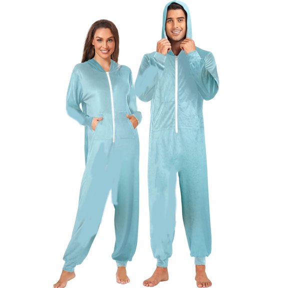 Unisex Solid Color Long-Sleeve Jumpsuit - Comfortable Loose Fashion Casual Romper, Light Blue Size L