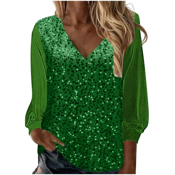 Jalioing Womens Sequin Blouse V-Neck Fashion Tunic Top Patchwork Long Sleeved Sparkly Dressy Shirt (X-Large, Green)