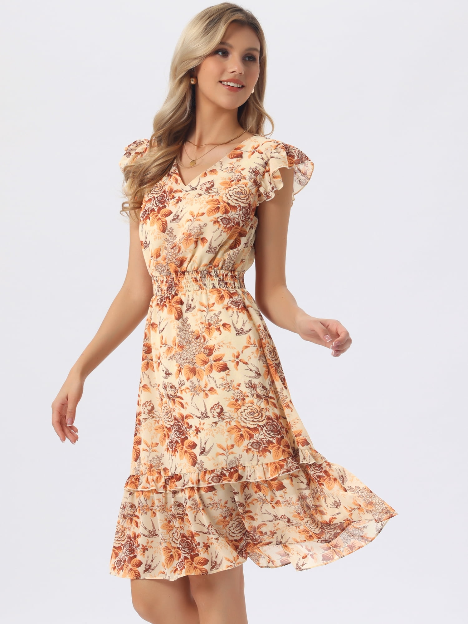DARING DIVA Women's Floral Summer V Neck Flutter Sleeve Ruffle Dress S Orange Brown