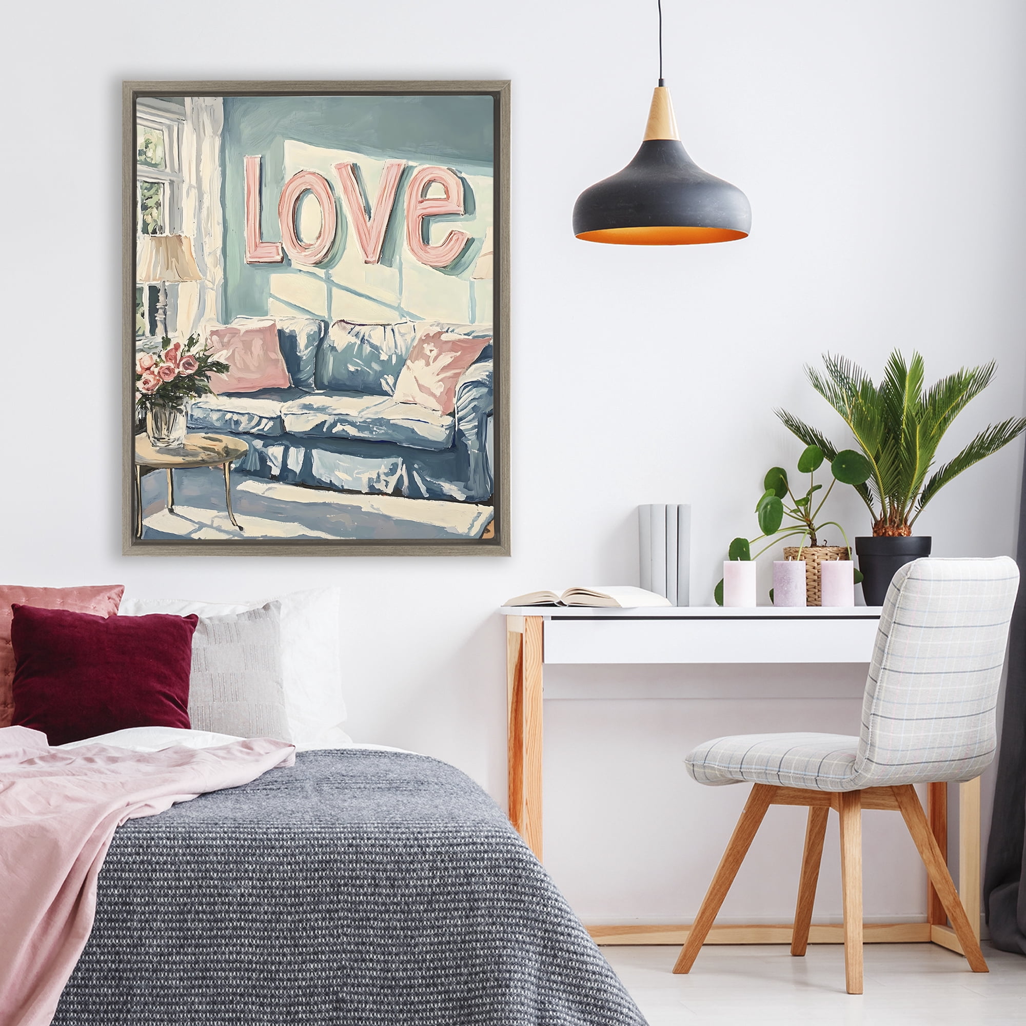 Stupell Industries Love Letters Above Cozy Couch Brown Framed Floater Canvas Wall Art, design by The Prints Vibe