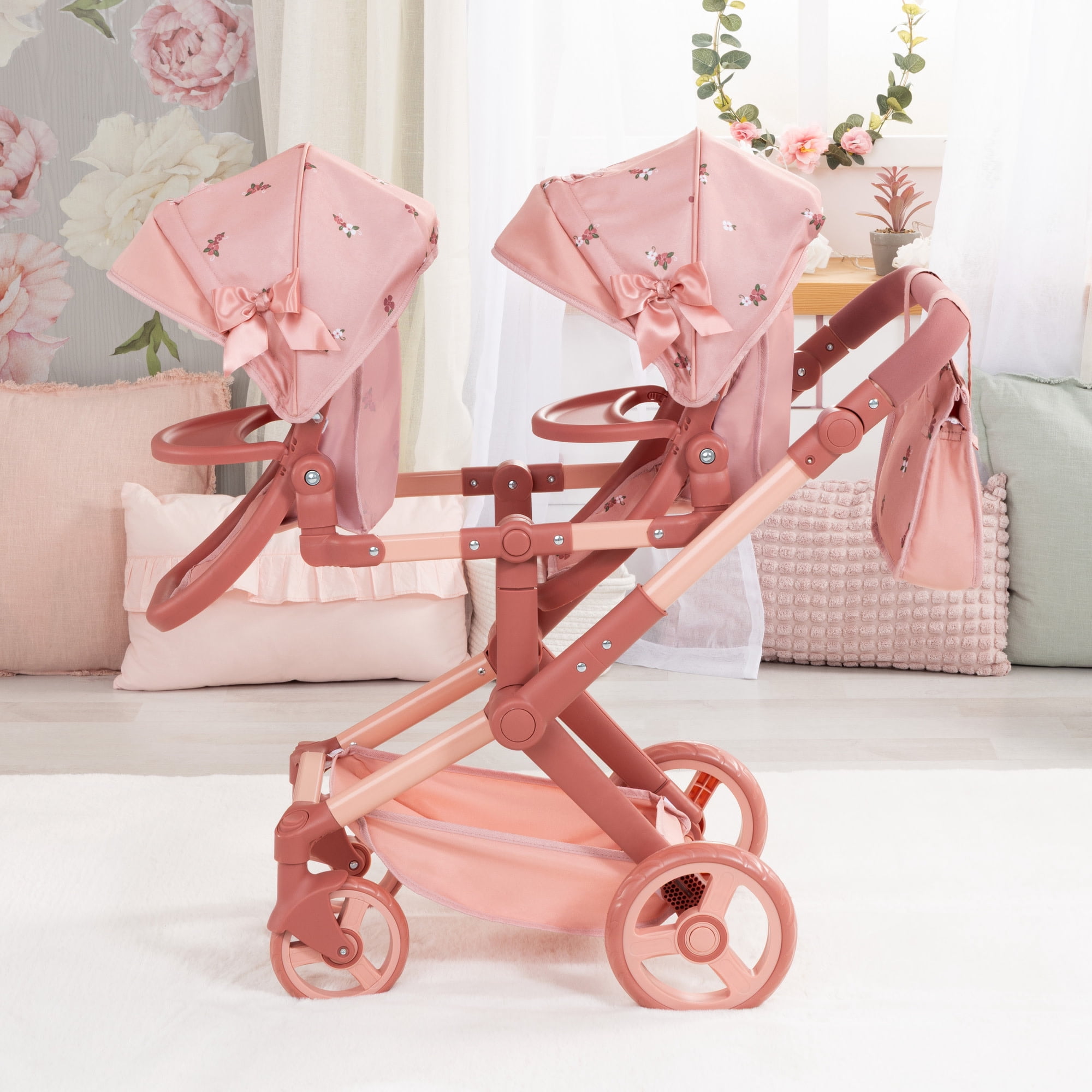 Bayer Design: Doll Pram Xeo Twin - Pink & Flowers - Play Push Stroller, 2 Adjustable Seats & Handle, Handbag, Toy Accessory Fits 18" Dolls, Kids 3+