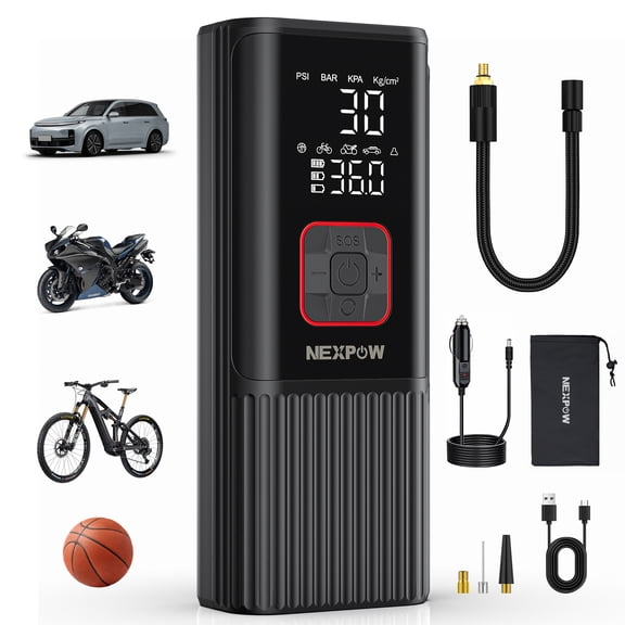 NEXPOW Portable Tire Inflator Air Compressor, 150 PSI Fast Inflation Tire Pump with Digital Pressure Gauge, Dual Power Cordless Air Pump for Car, SUV, Bike, Motorcycle & Ball