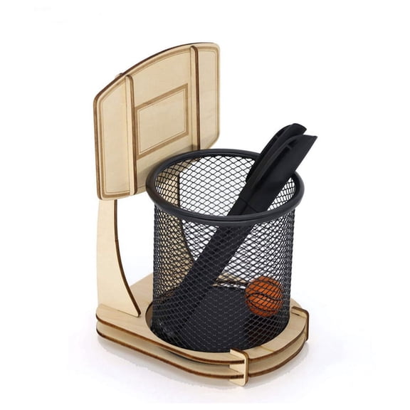 TOP! Pen Pencil Holder, Handmade Wooden Basketball Stand Organizer, Metal Mesh Cup
