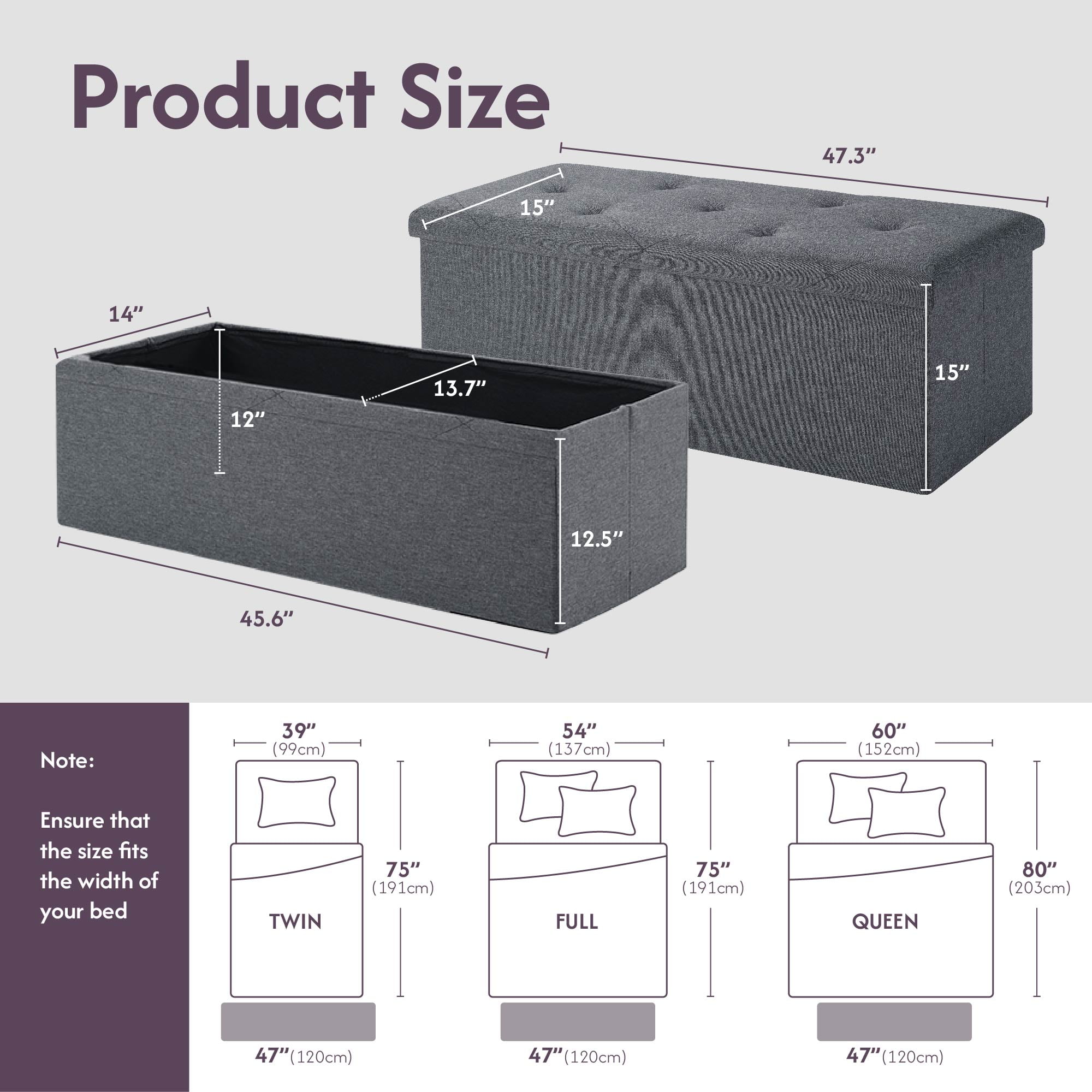 MAYEERTY 43" Folding Storage Ottoman Bench, Upholstered Chest with Lid, Gray