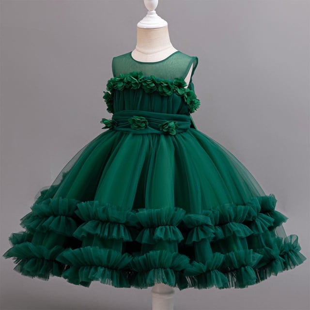 LOVZFMLL Girls' Summer Short Sleeve Ruffled Lace Round-Neck Embroidery Mesh Princess Bow Skirt