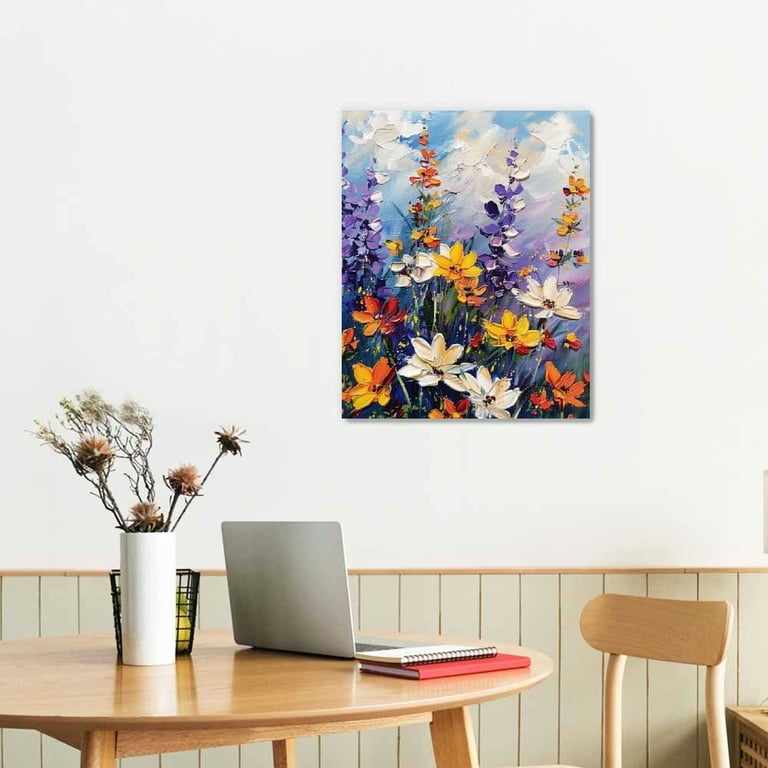 Colorful Daisy Wildflowers Canvas Wall Art – 48x24 Inch 3D Textured Landscape Painting-1004990