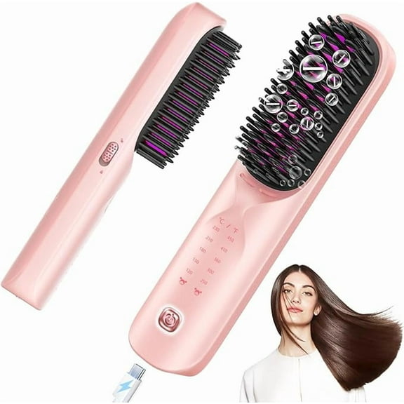 Cordless Hair Straightener Brush - Portable Hair Straightening Brush for Travel - 300M Negative Ions for Frizz-Free Shine, Touch Up On-The-Go, Fast Heating, 10,000mAh, Powder Pink