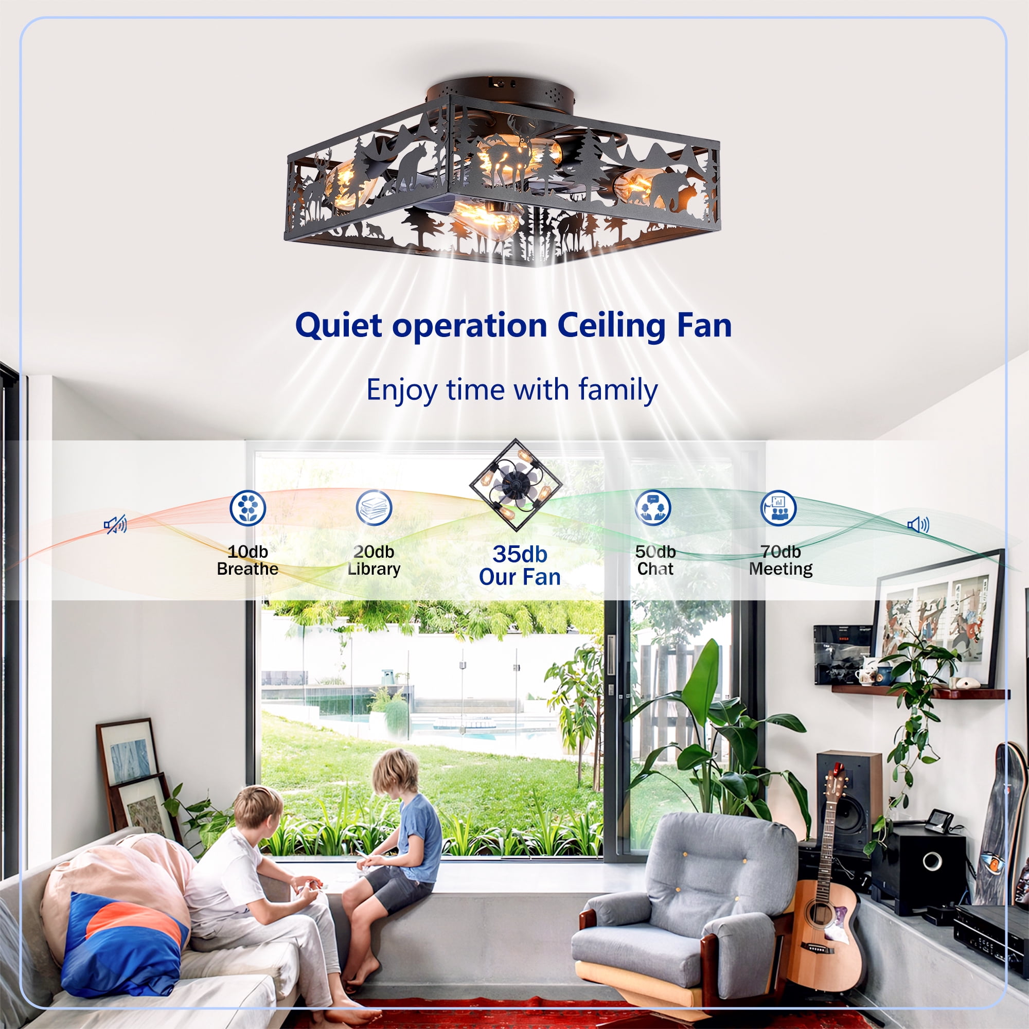 Leumius 20" Black Square Ceiling Fans with Lights and Remote, Flush Mount Square Ceiling Fan 6 Speed Reversible with Remote Control for Living Room Bedroom Dining Room (NOT Included Bulbs)