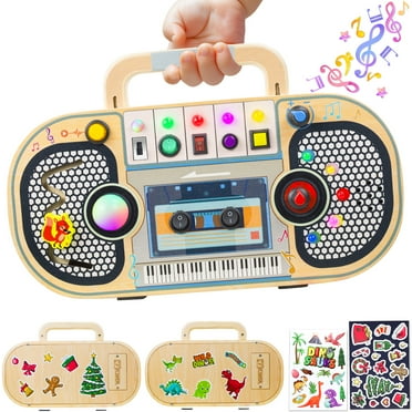 Montessori Wooden Busy Board for Toddlers with Led Light Educational Sensory Switches Music Labyrinth Adjust Volume 2 DIY Stickers Toy for 1 2 3 4 Year Old Boys Girls
