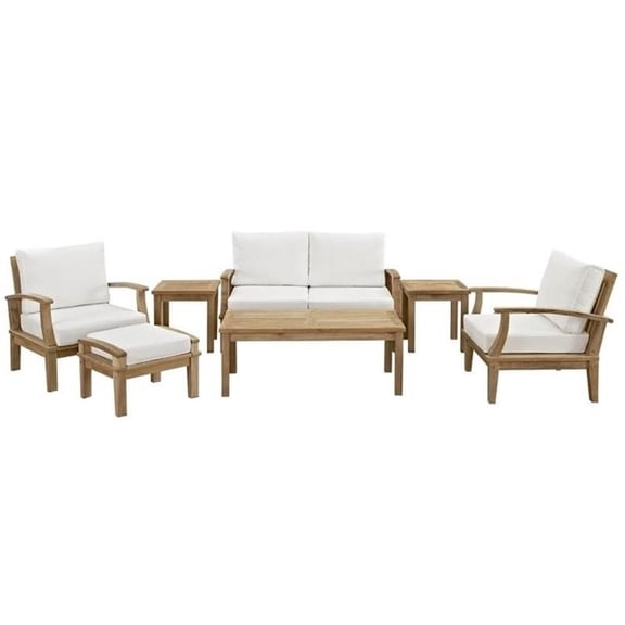 Modway Marina 7 Piece Outdoor Teak Sofa Set in Natural and White