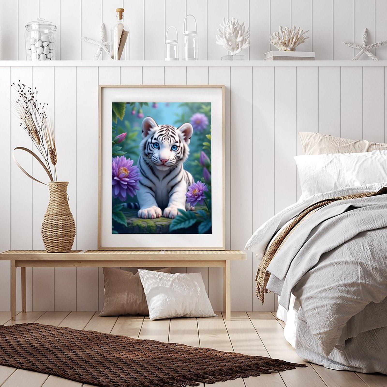 Diamond Art Kit for Adults, White Tiger Cub Amidst Blossoms Diamond Painting for Adults Beginners, DIY Diamond Art Painting Kits, 5D Diamond Painting Crafts for Home Decor 12x16 Frameless