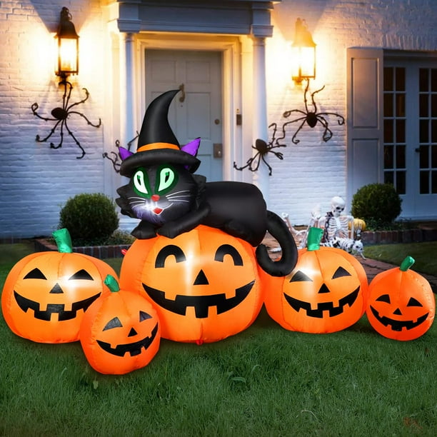 Calabaza inflable de Halloween de 4.9 ft, decoración al aire libre, decoración de patio iluminada, 5 calabazas con gato negro de bruja, luces LED integradas para balcón, hogar, fiesta, césped, patio,