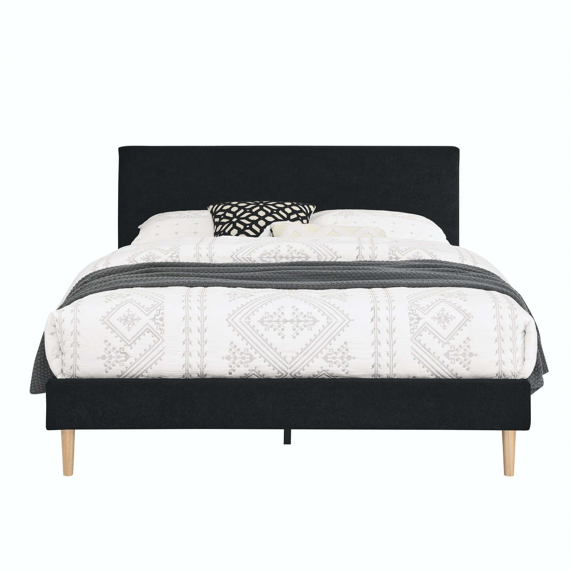 AENKYO King Size Upholstered Platform Bed Frame with Soft Teddy Velvet Headboard, No Box Spring Needed, Black