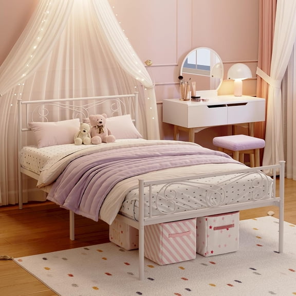 Twin Size Bed Frames with Headboard and Footboard, Twin Metal Bed Frame, 12.2-inch Under Bed Storage, Steel Slats Support, No Box Spring Needed, White