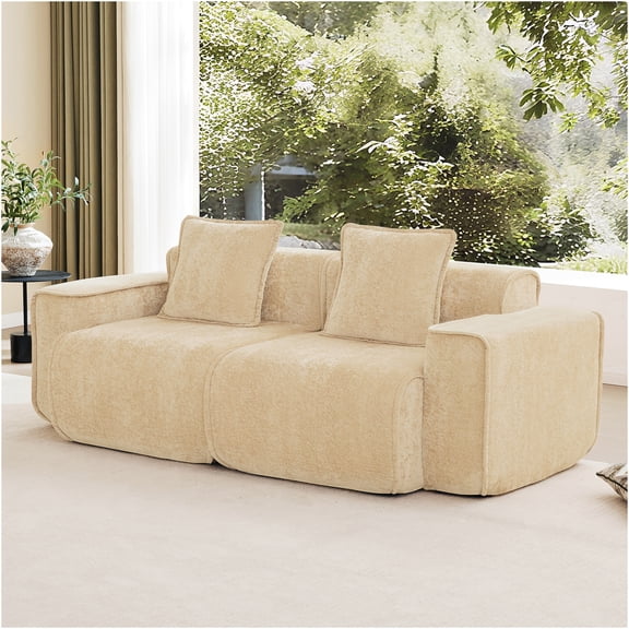 JERFIT Modern 2-Seater Modular Sofa, Velvet Sectional Couch with Pillows, No Assembly Cloud Couch, Light Camel for Small Space Living Room